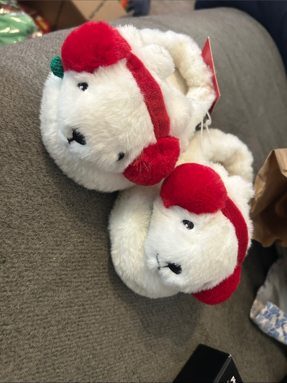 SoftWalk Plush White Pet Slippers with Red Ear Accents